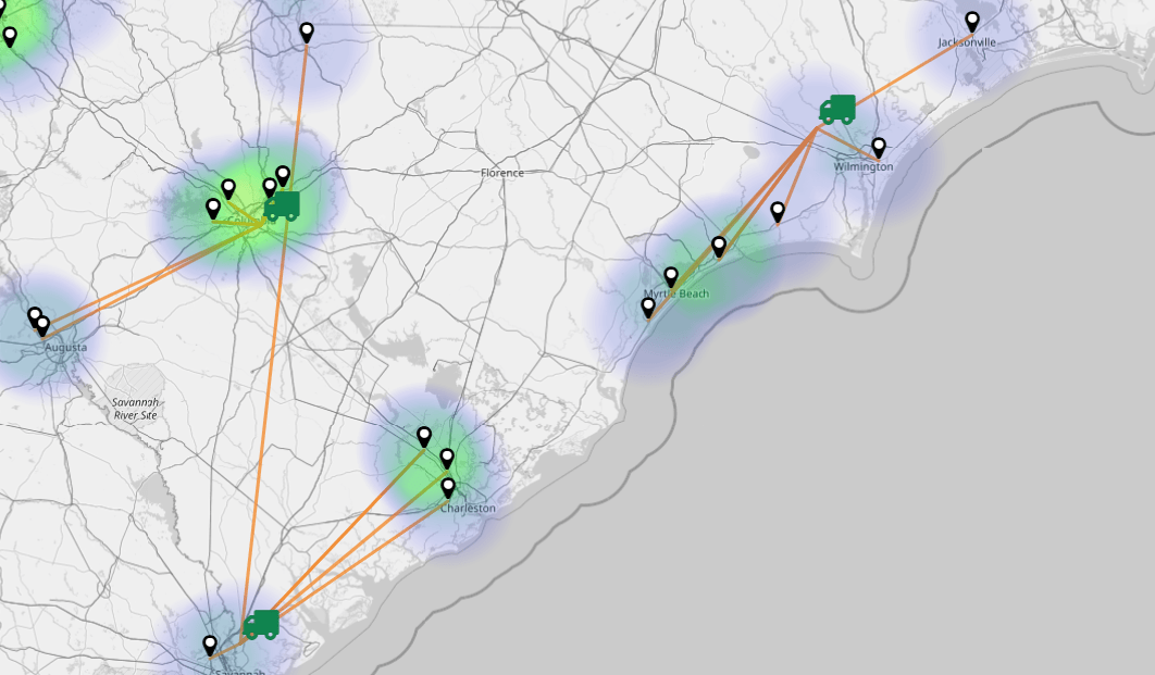 Screenshot of a Mapline map with labels that match the associated pin color