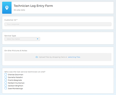 Screenshot of a technician form for on-site data collection