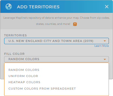 Color-code your New England City and Town Areas territory map in seconds