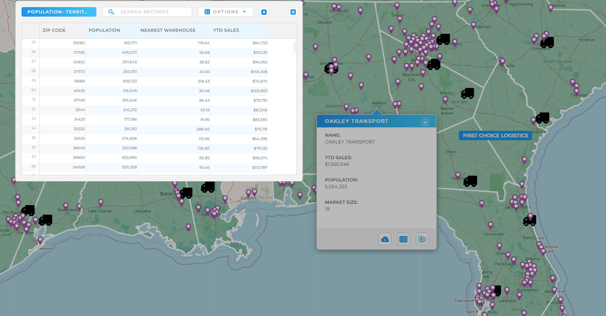 Screenshot of a Mapline map with labels that match the associated pin color