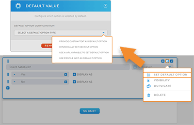 Screenshot of the answer settings in Mapline Forms, with the Default Value lightbox open