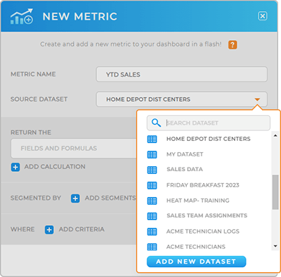 Screenshot of the Add Metric lightbox in Mapline with the Datasets drop-down open