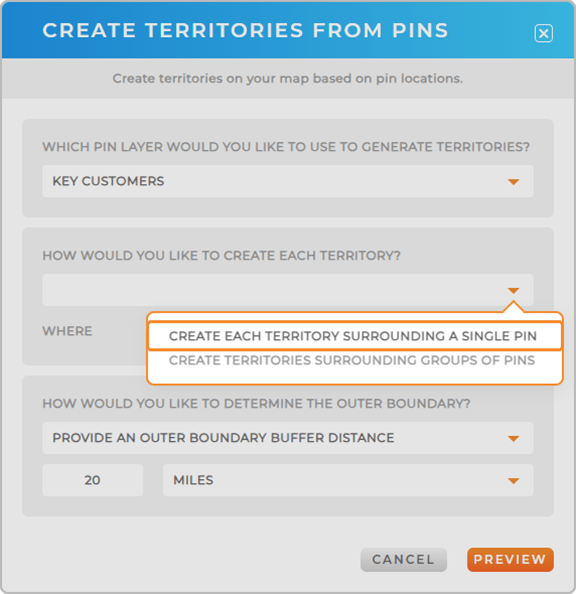 Add territories lightbox, highlighting add territories surrounding pins