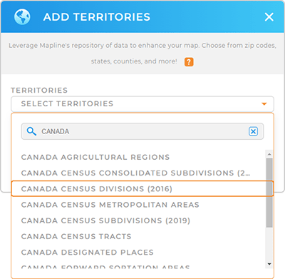 Add Canada Census Divisions to your map in Mapline