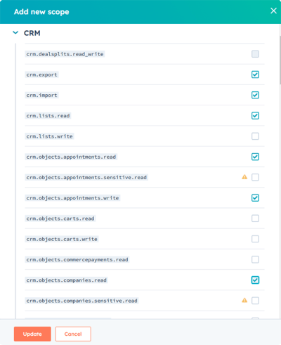 Customize Hubspot permission scopes