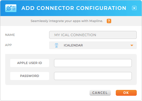 Add your Apple ID and password to finalize your iCalendar connection with Mapline