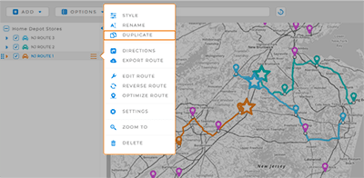 Screenshot of Map layers, with the pop-out menu open and DUPLICATE highlighted