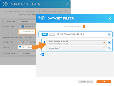 calculate the drive time between different locations in different datasets