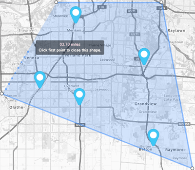 Screenshot of a polygon being drawn around several map pins