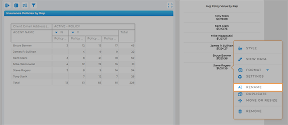 Screenshot of the 'Rename' shortcut in Dashboard metrics