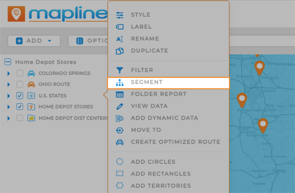 screenshot of map sidebar menu, with 'segment' highlighted