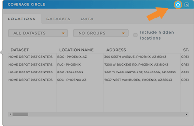 screenshot of the coverage area report, with an arrow pointing to the download button