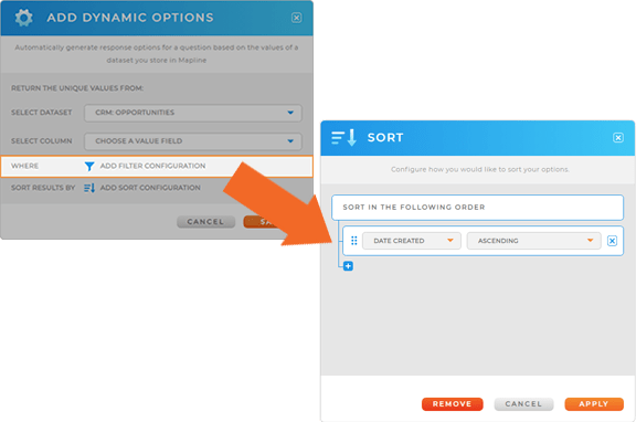 Screenshot of the Add Dynamic Options lightbox in Mapline, with 'Add Sort Configuration' highlighted