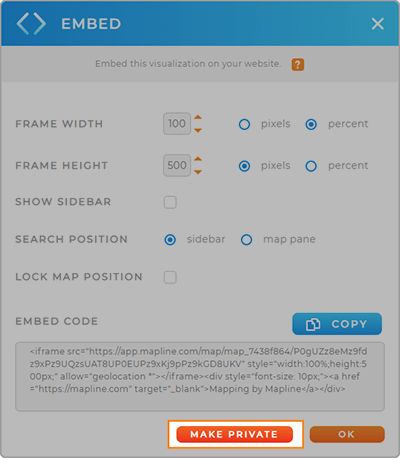 Screenshot of the Embed lightbox in Mapline, with the 'Make Private' button highlighted