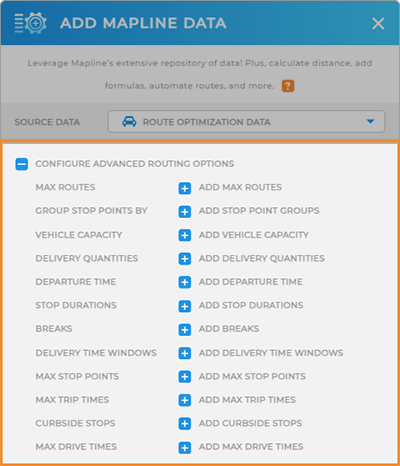 Screenshot of advanced routing configurations under Mapline data, with the Advanced Routing Options section highlighted