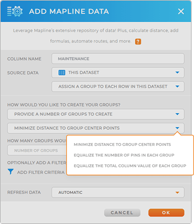 screenshot of the Mapline Data window: provide a number of groups