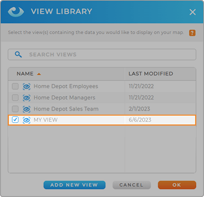 Screenshot of the 'View Library' lightbox in Mapline, where you select which View you'd like to plot on your map. This is a great way to add pins to your map by pulling from location data shared by your team.