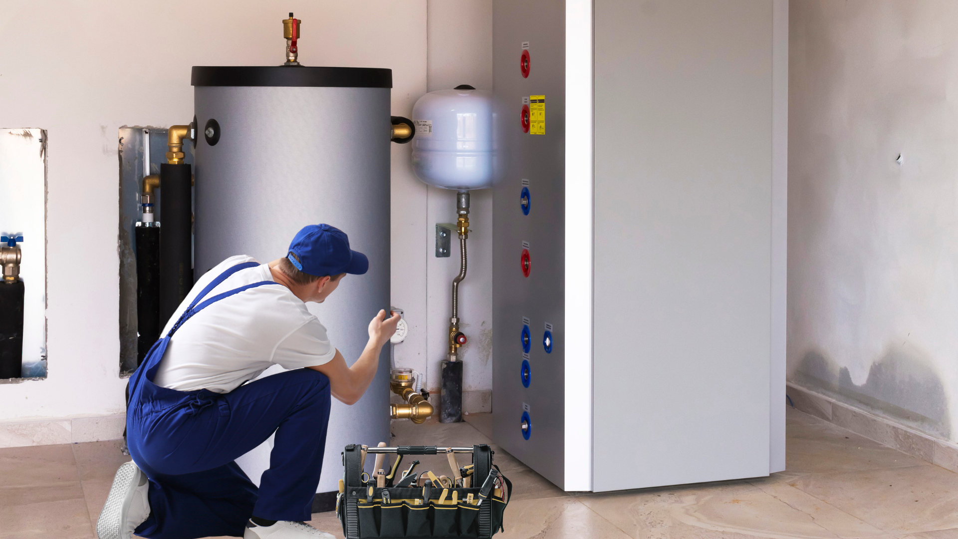 technician installing a boiler room pump