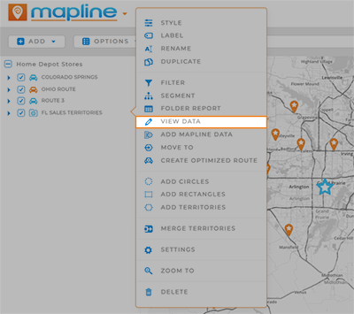 Screenshot of the layer menu in Mapline, with 'view data' highlighted